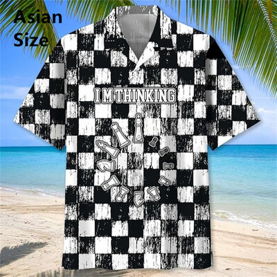 Vintage šaha raksts Chemises Hommes 3D Printed Atloks ar īsām piedurknēm Havajiešu krekli Vasaras pogas Blūzes Topi Vīriešu apģērbi