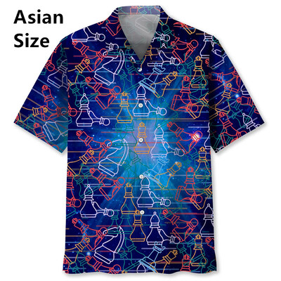 Vintage šaha raksts Chemises Hommes 3D Printed Atloks ar īsām piedurknēm Havajiešu krekli Vasaras pogas Blūzes Topi Vīriešu apģērbi