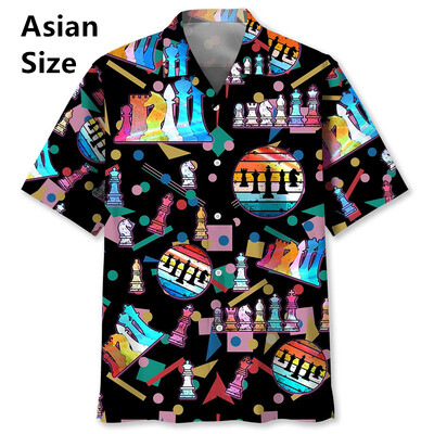 Vintage šaha raksts Chemises Hommes 3D Printed Atloks ar īsām piedurknēm Havajiešu krekli Vasaras pogas Blūzes Topi Vīriešu apģērbi