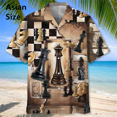 Vintage šaha raksts Chemises Hommes 3D Printed Atloks ar īsām piedurknēm Havajiešu krekli Vasaras pogas Blūzes Topi Vīriešu apģērbi