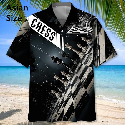 Vintage šaha raksts Chemises Hommes 3D Printed Atloks ar īsām piedurknēm Havajiešu krekli Vasaras pogas Blūzes Topi Vīriešu apģērbi