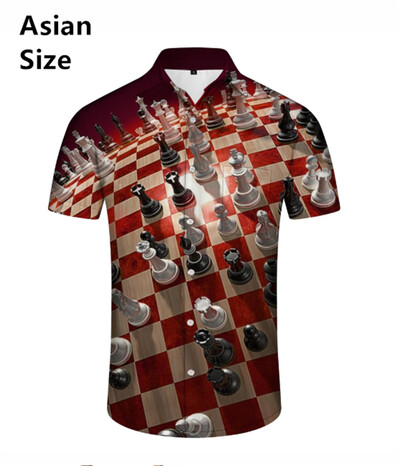 Vintage šaha raksts Chemises Hommes 3D Printed Atloks ar īsām piedurknēm Havajiešu krekli Vasaras pogas Blūzes Topi Vīriešu apģērbi