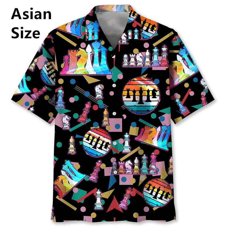 Vintage šaha raksts Chemises Hommes 3D Printed Atloks ar īsām piedurknēm Havajiešu krekli Vasaras pogas Blūzes Topi Vīriešu apģērbi