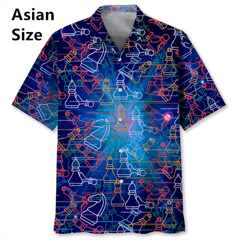 Vintage šaha raksts Chemises Hommes 3D Printed Atloks ar īsām piedurknēm Havajiešu krekli Vasaras pogas Blūzes Topi Vīriešu apģērbi