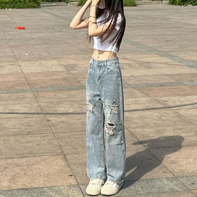 Vintage High Street Sieviešu jauni zili džinsi, izšuvumi caurumu kabatas, rāvējslēdzēja pogas, korejiešu modes ar augstu vidukli, brīvas, taisnas bikses 2024