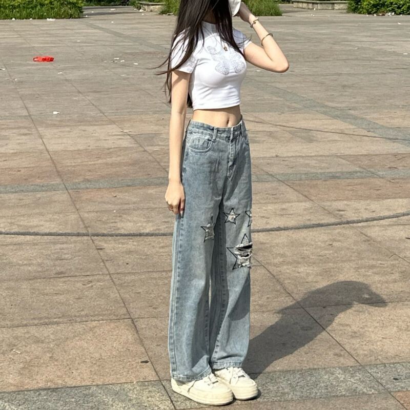 Vintage High Street Sieviešu jauni zili džinsi, izšuvumi caurumu kabatas, rāvējslēdzēja pogas, korejiešu modes ar augstu vidukli, brīvas, taisnas bikses 2024