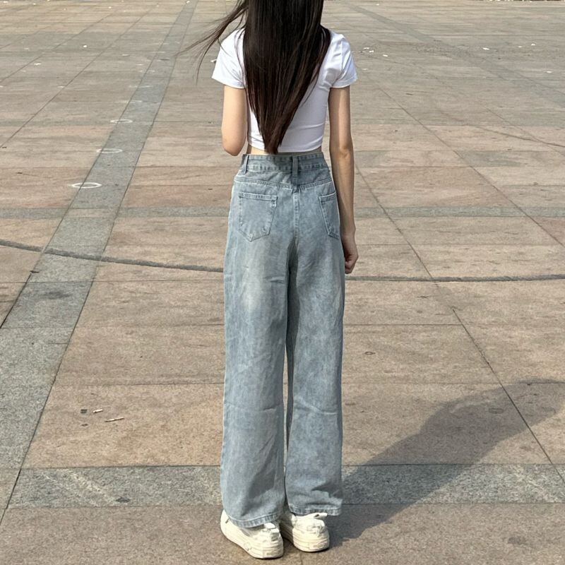 Vintage High Street Sieviešu jauni zili džinsi, izšuvumi caurumu kabatas, rāvējslēdzēja pogas, korejiešu modes ar augstu vidukli, brīvas, taisnas bikses 2024