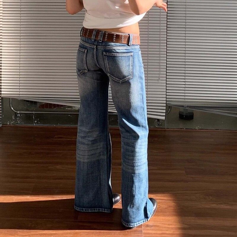 Vintažinės moteriškos sunerimusios platėjančios džinsai Y2k žemo aukščio džinsinės kelnės Retro gatvės apranga plačios mėlynos kelnės