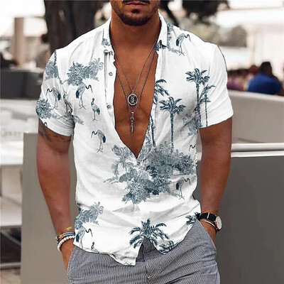 „Coconut Tree Print“ vyriški marškinėliai vasaros laisvalaikio trumpomis rankovėmis marškinėliai „Paplūdimio atostogoms“ Vyriški viršutiniai palaidi, dideli havajietiški marškiniai vyrams