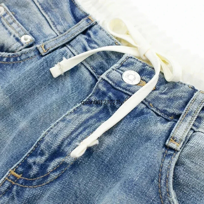 Naiste mood Lapitehnika Denim Broek Veters Rits Fly Teksad Broekzakken Dames Casual Mid Taille Broek Met Rechte Pijpen