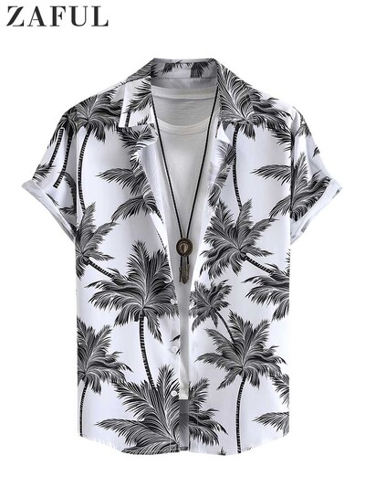 ZAFUL Hawaii särgid meestele Tropical Coconut Tree Print lühikeste varrukatega särk Suvine Ranna vabaaja nööbiga puhkusetopsid Z5037732