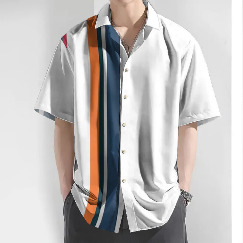 2024. gada trīsdimensiju svītru apdrukas vīriešu krekls vasaras brīvdienām īsām piedurknēm, brīvi lielizmēra havajiešu krekli vīriešiem, ātri nožūstošs vīriešu apģērbs