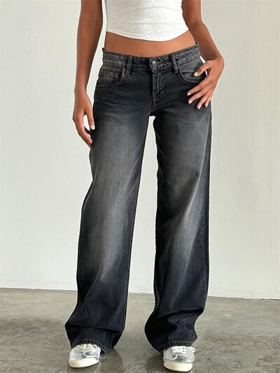 Moteriškos Y2K plačios džinsinės kelnės, aptemptos žemu juosmeniu plačiomis kojomis vaikino džinsai Laisvalaikio vintažiniai laisvi džinsai gatvės apranga
