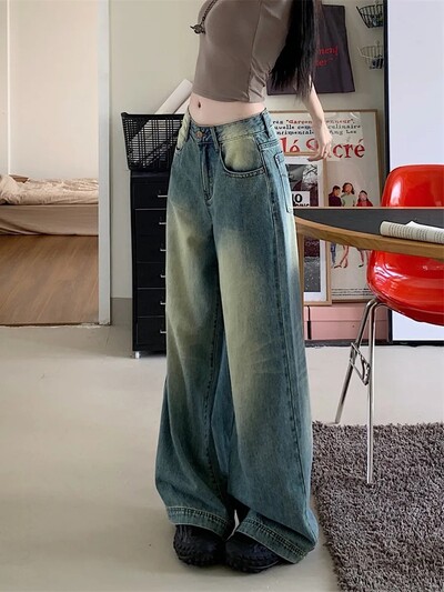 Senoviniai džinsai aukštu liemeniu plačiomis kojomis Nauji, 2024 m. Stilius, laisvai prigludę skalbimo džinsinės kelnės Madingos universalios priekabos kelnės, skirtos 