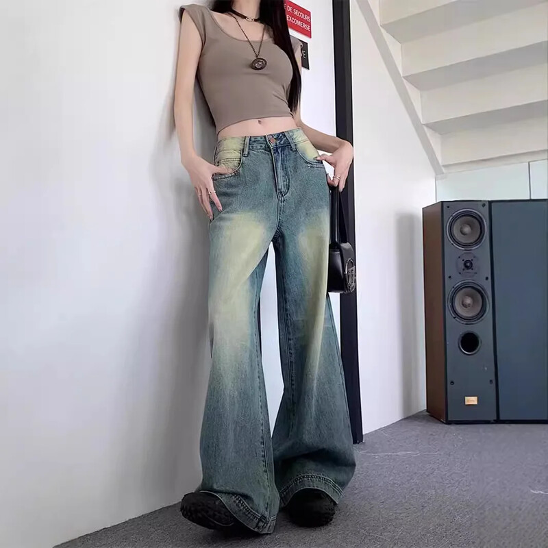 Senoviniai džinsai aukštu liemeniu plačiomis kojomis Nauji, 2024 m. Stilius, laisvai prigludę skalbimo džinsinės kelnės Madingos universalios priekabos kelnės, skirtos 