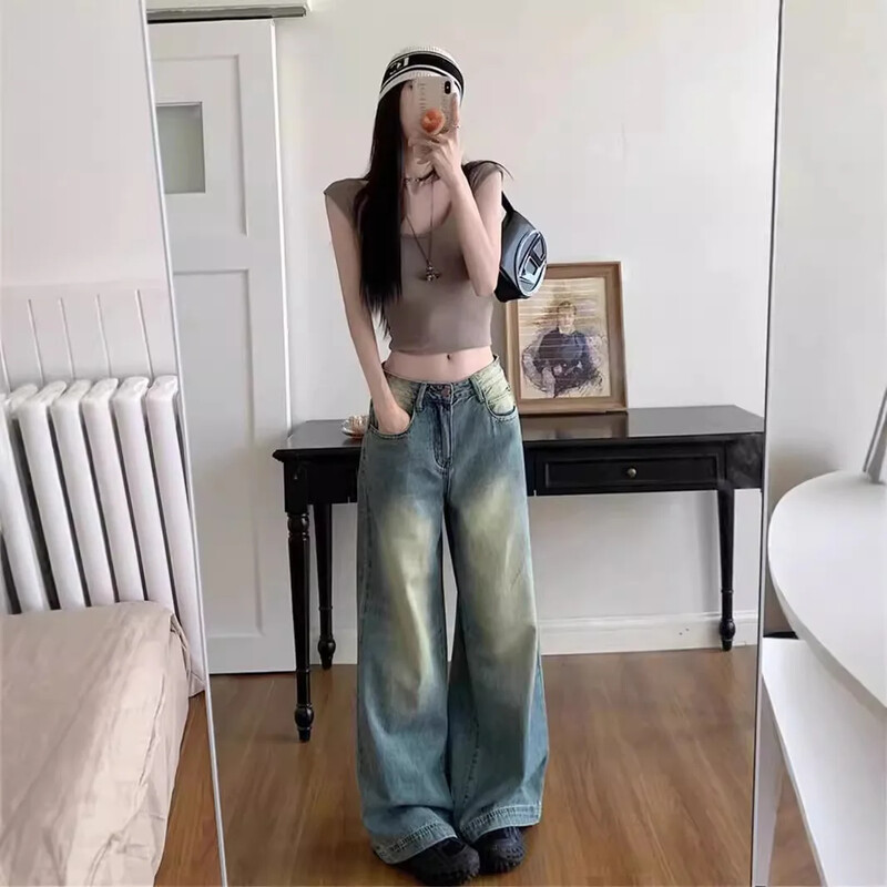 Senoviniai džinsai aukštu liemeniu plačiomis kojomis Nauji, 2024 m. Stilius, laisvai prigludę skalbimo džinsinės kelnės Madingos universalios priekabos kelnės, skirtos 