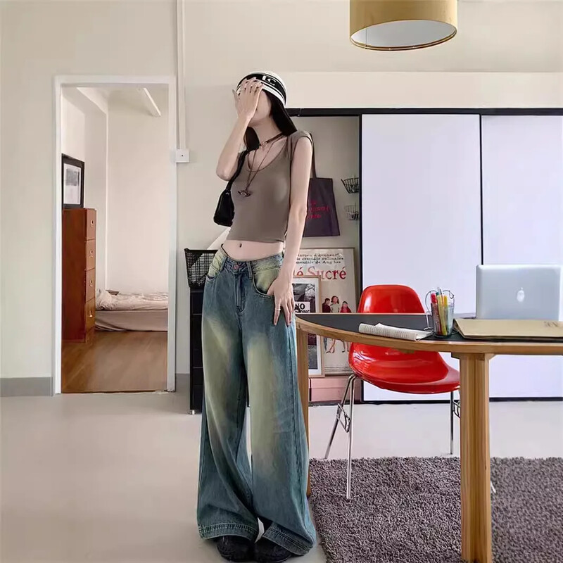 Senoviniai džinsai aukštu liemeniu plačiomis kojomis Nauji, 2024 m. Stilius, laisvai prigludę skalbimo džinsinės kelnės Madingos universalios priekabos kelnės, skirtos 