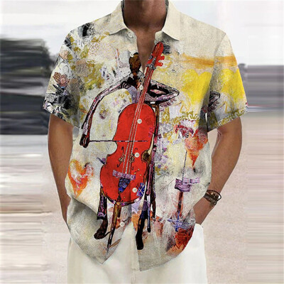 Vyriški marškiniai vasariniai havajietiški marškinių raštas, muzikos natos lauko gatvės trumpomis rankovėmis margintų drabužių mados dizaineris