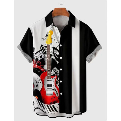 Vyriški marškiniai vasariniai havajietiški marškinių raštas, muzikos natos lauko gatvės trumpomis rankovėmis margintų drabužių mados dizaineris