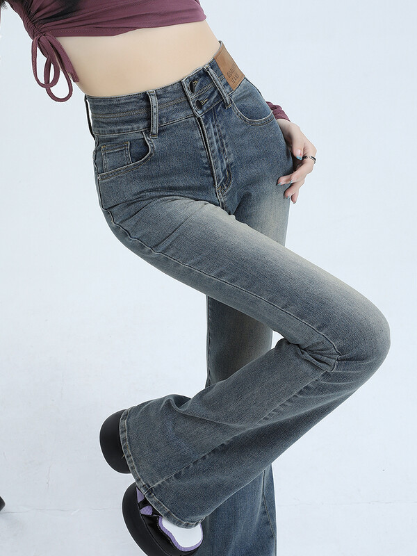 Naiste heledad teksad sügis uus kõrge vöökoht mood Korea elastsed õhukesed teksad Retro stiilis Street Y2K püksid hallid sinine must
