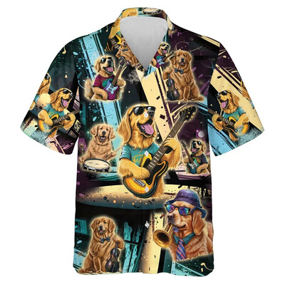 3D Print Koerte Muusika Mustriga Rannasärgid Lühikeste varrukatega Naljakad Lemmikkoerte Graafilised ühe nupuga särgid Meeste Revääriga Pluus Topid