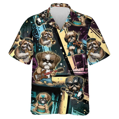 3D Print Koerte Muusika Mustriga Rannasärgid Lühikeste varrukatega Naljakad Lemmikkoerte Graafilised ühe nupuga särgid Meeste Revääriga Pluus Topid