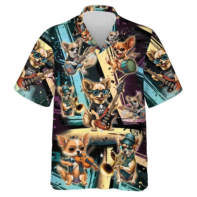 3D Print Koerte Muusika Mustriga Rannasärgid Lühikeste varrukatega Naljakad Lemmikkoerte Graafilised ühe nupuga särgid Meeste Revääriga Pluus Topid