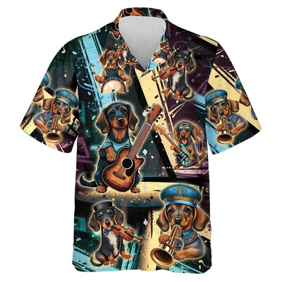 3D Print Koerte Muusika Mustriga Rannasärgid Lühikeste varrukatega Naljakad Lemmikkoerte Graafilised ühe nupuga särgid Meeste Revääriga Pluus Topid