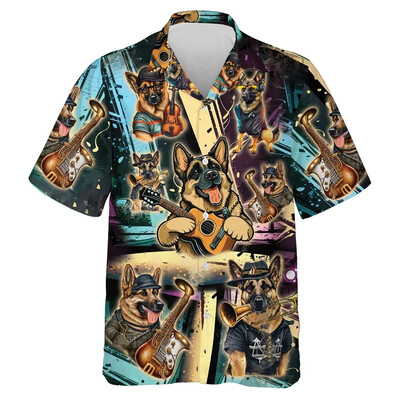 3D Print Koerte Muusika Mustriga Rannasärgid Lühikeste varrukatega Naljakad Lemmikkoerte Graafilised ühe nupuga särgid Meeste Revääriga Pluus Topid