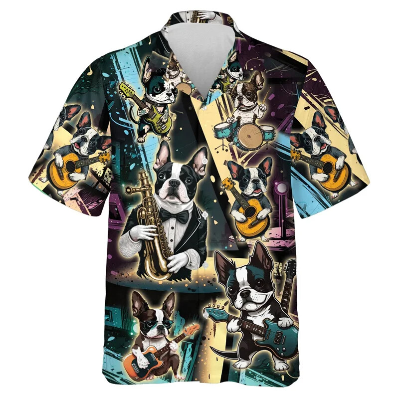 3D Print Koerte Muusika Mustriga Rannasärgid Lühikeste varrukatega Naljakad Lemmikkoerte Graafilised ühe nupuga särgid Meeste Revääriga Pluus Topid