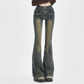 Amerikāņu vintage džinsi ar augstu vidukli Sieviešu Ielu apģērbi Y2K Design Sense Slim Flare Bikses Sieviešu ikdienišķs All Match Spliced Džinsa bikses