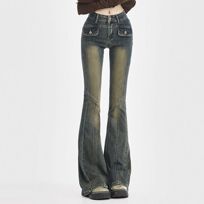Amerikāņu vintage džinsi ar augstu vidukli Sieviešu Ielu apģērbi Y2K Design Sense Slim Flare Bikses Sieviešu ikdienišķs All Match Spliced Džinsa bikses