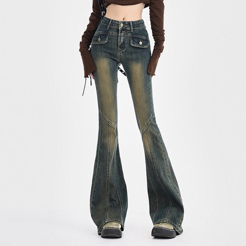 Amerikāņu vintage džinsi ar augstu vidukli Sieviešu Ielu apģērbi Y2K Design Sense Slim Flare Bikses Sieviešu ikdienišķs All Match Spliced Džinsa bikses