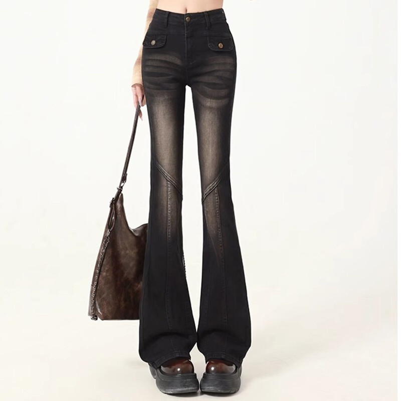 Amerikāņu vintage džinsi ar augstu vidukli Sieviešu Ielu apģērbi Y2K Design Sense Slim Flare Bikses Sieviešu ikdienišķs All Match Spliced Džinsa bikses