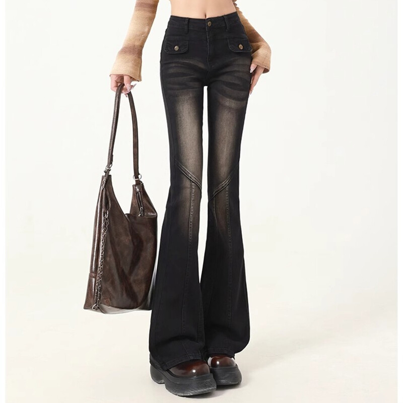 Amerikāņu vintage džinsi ar augstu vidukli Sieviešu Ielu apģērbi Y2K Design Sense Slim Flare Bikses Sieviešu ikdienišķs All Match Spliced Džinsa bikses