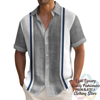 Vyriški marškiniai Vasariniai dryžuoti lino rašto marškiniai Laisvalaikio trumpomis rankovėmis sagomis Havajietiški marškiniai Didelio dydžio vyriškų viršutinių drabužių apykaklė