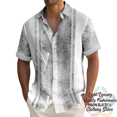 Vyriški marškiniai Vasariniai dryžuoti lino rašto marškiniai Laisvalaikio trumpomis rankovėmis sagomis Havajietiški marškiniai Didelio dydžio vyriškų viršutinių drabužių apykaklė