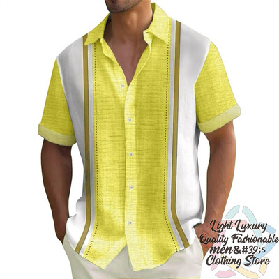 Vyriški marškiniai Vasariniai dryžuoti lino rašto marškiniai Laisvalaikio trumpomis rankovėmis sagomis Havajietiški marškiniai Didelio dydžio vyriškų viršutinių drabužių apykaklė