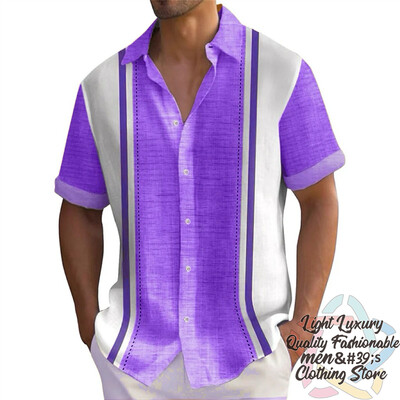 Vyriški marškiniai Vasariniai dryžuoti lino rašto marškiniai Laisvalaikio trumpomis rankovėmis sagomis Havajietiški marškiniai Didelio dydžio vyriškų viršutinių drabužių apykaklė