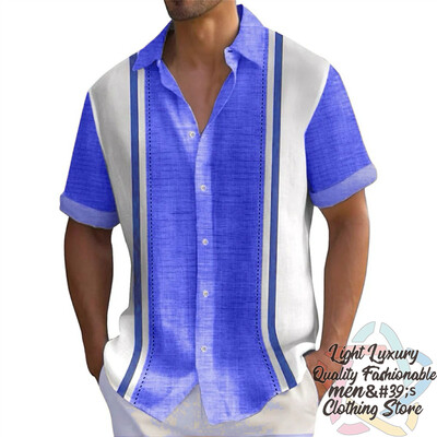 Vyriški marškiniai Vasariniai dryžuoti lino rašto marškiniai Laisvalaikio trumpomis rankovėmis sagomis Havajietiški marškiniai Didelio dydžio vyriškų viršutinių drabužių apykaklė