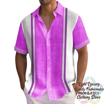 Vyriški marškiniai Vasariniai dryžuoti lino rašto marškiniai Laisvalaikio trumpomis rankovėmis sagomis Havajietiški marškiniai Didelio dydžio vyriškų viršutinių drabužių apykaklė