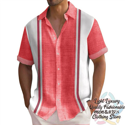 Vyriški marškiniai Vasariniai dryžuoti lino rašto marškiniai Laisvalaikio trumpomis rankovėmis sagomis Havajietiški marškiniai Didelio dydžio vyriškų viršutinių drabužių apykaklė