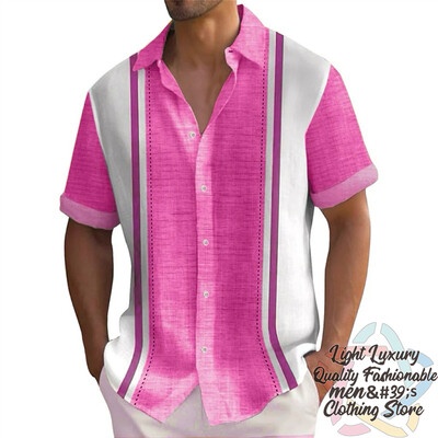 Vyriški marškiniai Vasariniai dryžuoti lino rašto marškiniai Laisvalaikio trumpomis rankovėmis sagomis Havajietiški marškiniai Didelio dydžio vyriškų viršutinių drabužių apykaklė