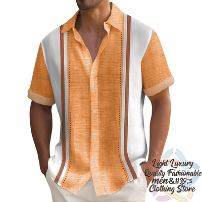 Vyriški marškiniai Vasariniai dryžuoti lino rašto marškiniai Laisvalaikio trumpomis rankovėmis sagomis Havajietiški marškiniai Didelio dydžio vyriškų viršutinių drabužių apykaklė