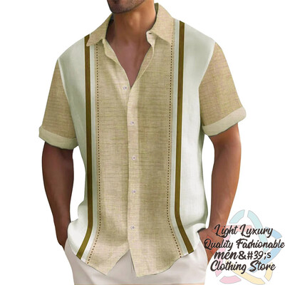 Vyriški marškiniai Vasariniai dryžuoti lino rašto marškiniai Laisvalaikio trumpomis rankovėmis sagomis Havajietiški marškiniai Didelio dydžio vyriškų viršutinių drabužių apykaklė