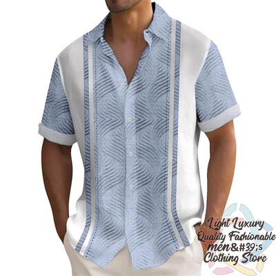 Vyriški marškiniai Vasariniai dryžuoti lino rašto marškiniai Laisvalaikio trumpomis rankovėmis sagomis Havajietiški marškiniai Didelio dydžio vyriškų viršutinių drabužių apykaklė