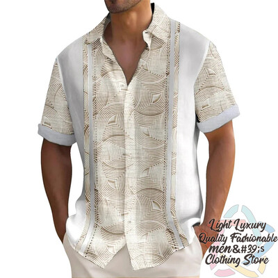 Vyriški marškiniai Vasariniai dryžuoti lino rašto marškiniai Laisvalaikio trumpomis rankovėmis sagomis Havajietiški marškiniai Didelio dydžio vyriškų viršutinių drabužių apykaklė