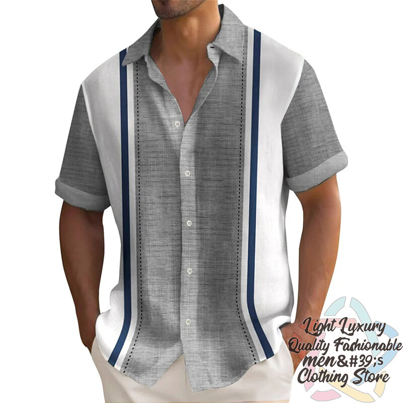 Vyriški marškiniai Vasariniai dryžuoti lino rašto marškiniai Laisvalaikio trumpomis rankovėmis sagomis Havajietiški marškiniai Didelio dydžio vyriškų viršutinių drabužių apykaklė