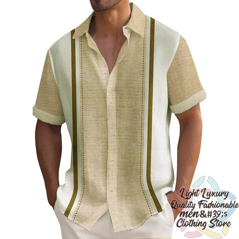 Vyriški marškiniai Vasariniai dryžuoti lino rašto marškiniai Laisvalaikio trumpomis rankovėmis sagomis Havajietiški marškiniai Didelio dydžio vyriškų viršutinių drabužių apykaklė