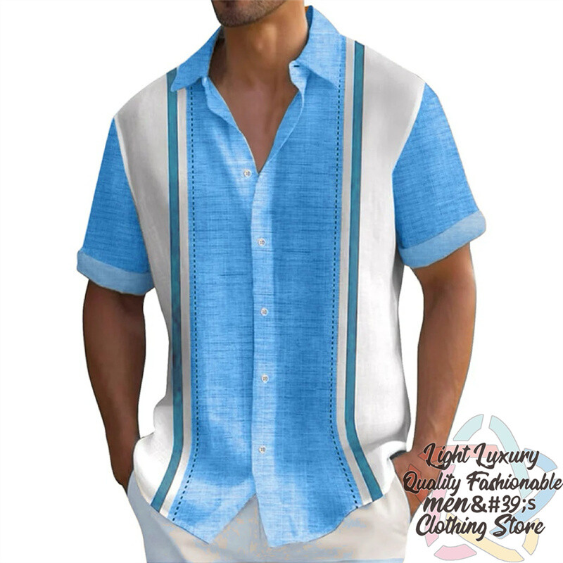 Vyriški marškiniai Vasariniai dryžuoti lino rašto marškiniai Laisvalaikio trumpomis rankovėmis sagomis Havajietiški marškiniai Didelio dydžio vyriškų viršutinių drabužių apykaklė
